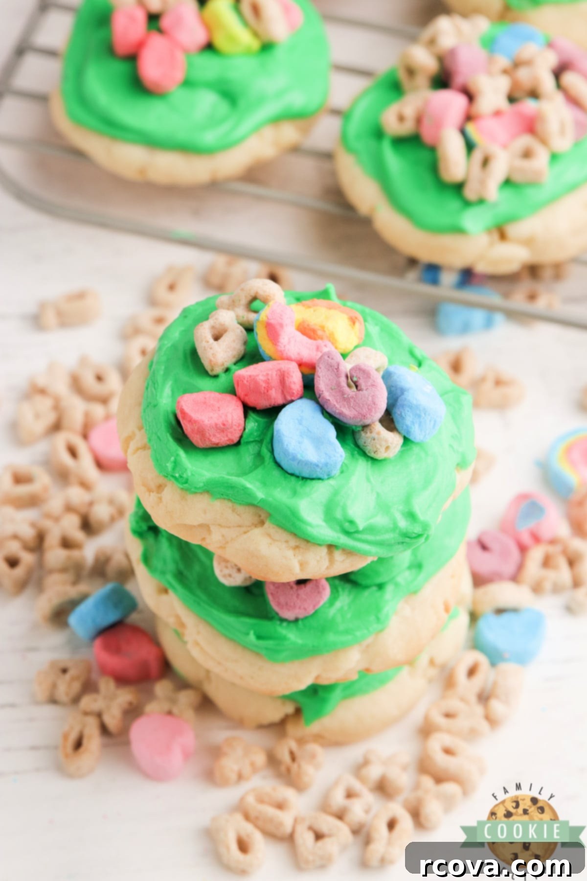 Lucky Charms Marshmallow Cookie Magic 3 Sugar cookies with Lucky Charms cereal on top, festive for St. Patrick's Day