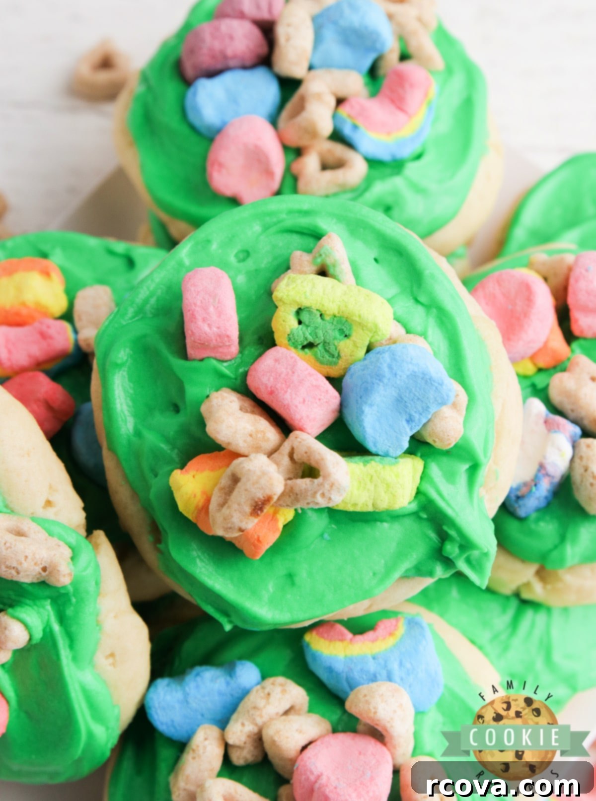 Lucky Charms Marshmallow Cookie Magic 9 Cream Cheese Sugar cookie recipe with Lucky Charms on top, decorated for St. Patrick's Day
