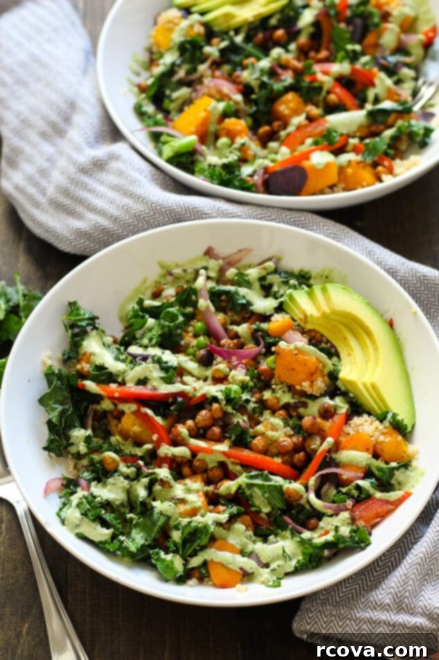 Tahini Drizzled Kale Quinoa Power Bowl 2 Warm Tahini Kale and Quinoa Bowl + Roasted Chickpeas - A nutritious and delicious meal prep idea.