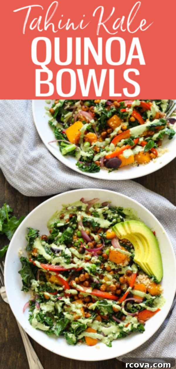 Tahini Drizzled Kale Quinoa Power Bowl 10 This Warm Tahini Kale and Quinoa Bowl with roasted chickpeas is a healthy lunch idea packed full of nutrients and yummy veggies. #quinoabowl #mealprep