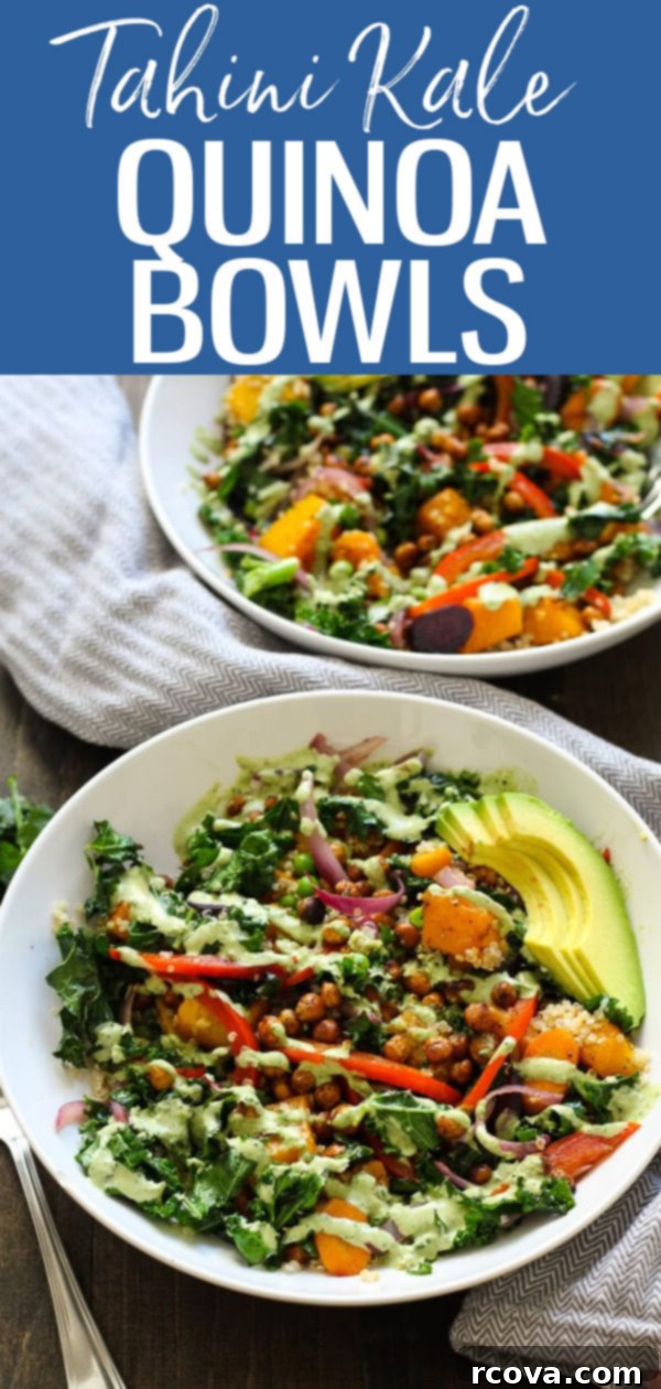 Tahini Drizzled Kale Quinoa Power Bowl 11 This Warm Tahini Kale and Quinoa Bowl with roasted chickpeas is a healthy lunch idea packed full of nutrients and yummy veggies. #quinoabowl #mealprep