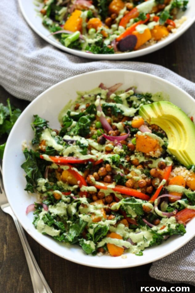 Tahini Drizzled Kale Quinoa Power Bowl 8 Final plated Warm Tahini Kale and Quinoa Bowl, ready to be enjoyed.