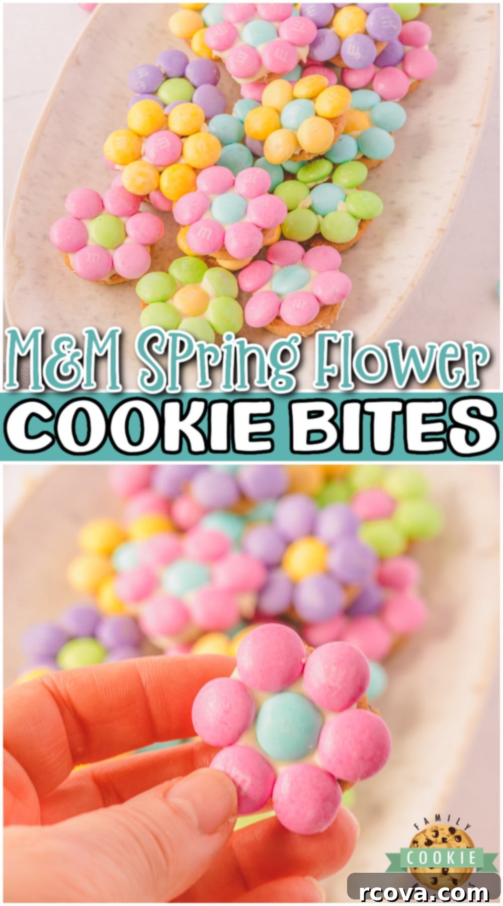 Spring Bloom M and M Cookie Bites 12 M&M Spring Flower Cookie Bites are simple & fun pastel candy treats! Made to look adorable and taste delicious, these M&M cookies are a perfect treat for Spring.