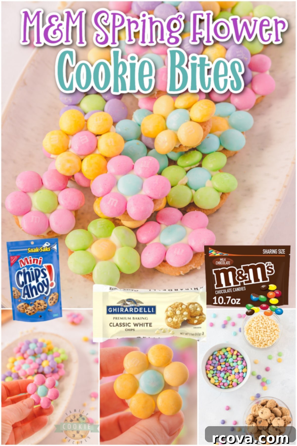 Spring Bloom M and M Cookie Bites 6 M&M Spring Flower Cookie Bites are simple & fun pastel candy treats! Made to look adorable and taste delicious, these M&M cookies are a perfect treat for Spring.
