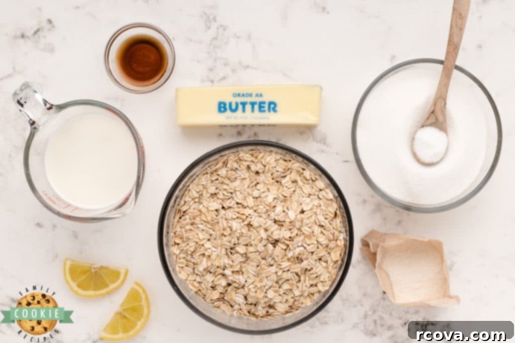 Zesty Lemon No-Bake Oatmeal Cookies 5 Key ingredients for Lemon Oatmeal No Bake Cookies laid out on a kitchen counter: sugar, butter, milk, lemon pudding mix, quick oats, and vanilla extract.