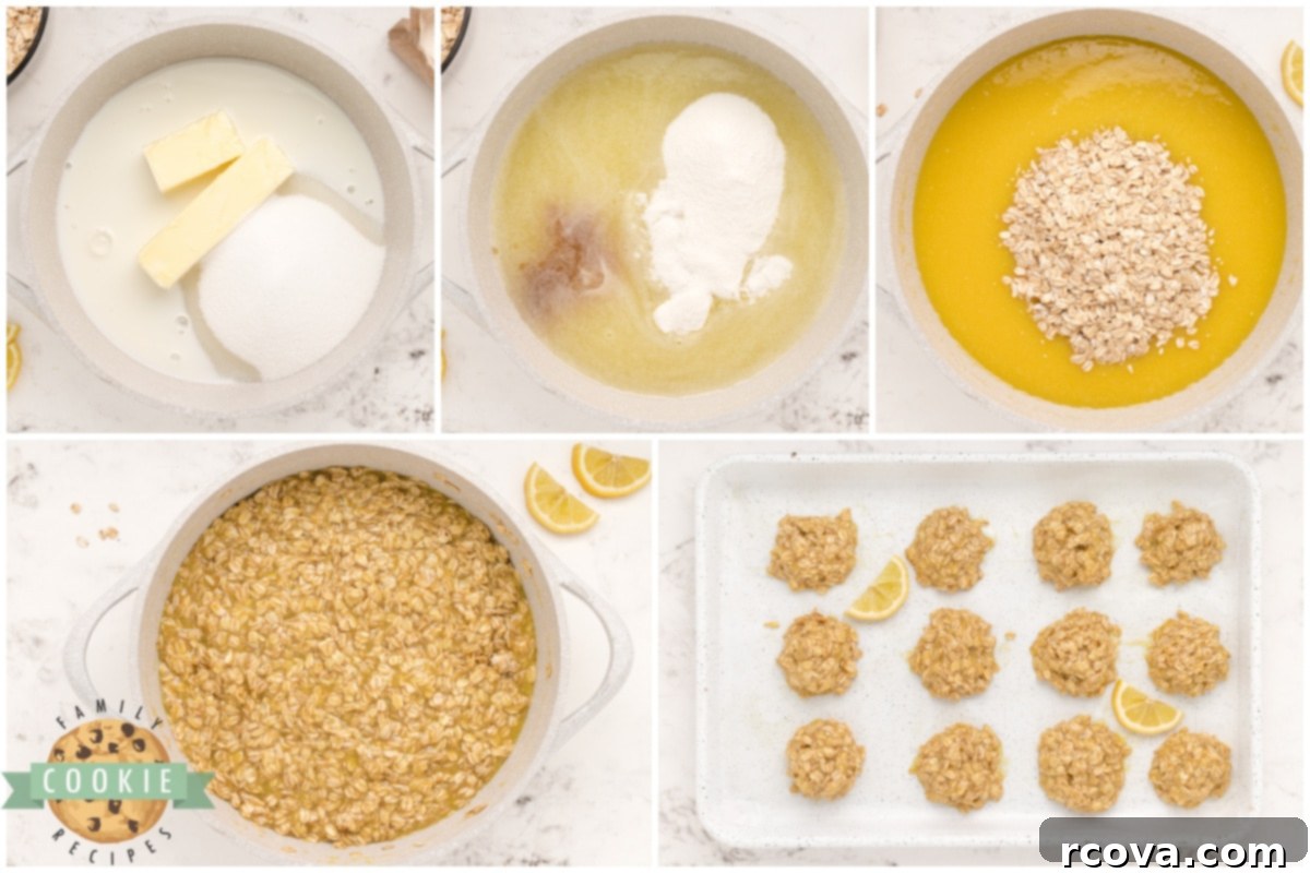 Zesty Lemon No-Bake Oatmeal Cookies 6 A step-by-step visual guide showing the process of making Lemon Oatmeal No Bake Cookies, from mixing ingredients in a saucepan to dropping spoonfuls onto wax paper.