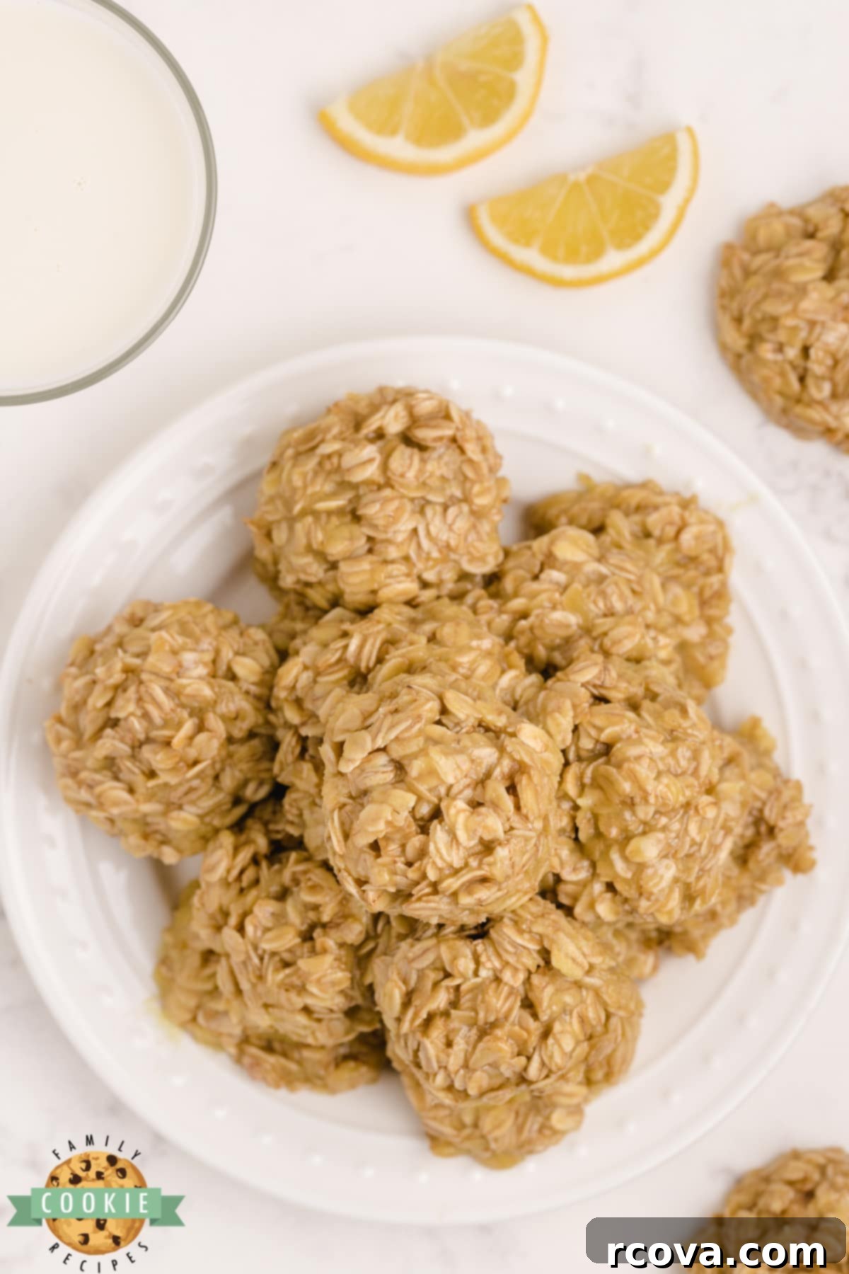 Zesty Lemon No-Bake Oatmeal Cookies 8 A stack of golden Lemon No Bake Cookies on a white plate, ready to be served, emphasizing their quick and convenient preparation.