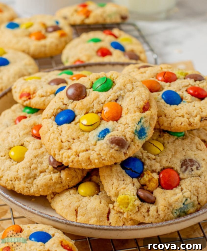 Chewy Peanut Butter Oatmeal M&M Bliss 2 peanut butter oatmeal cookies on a plate