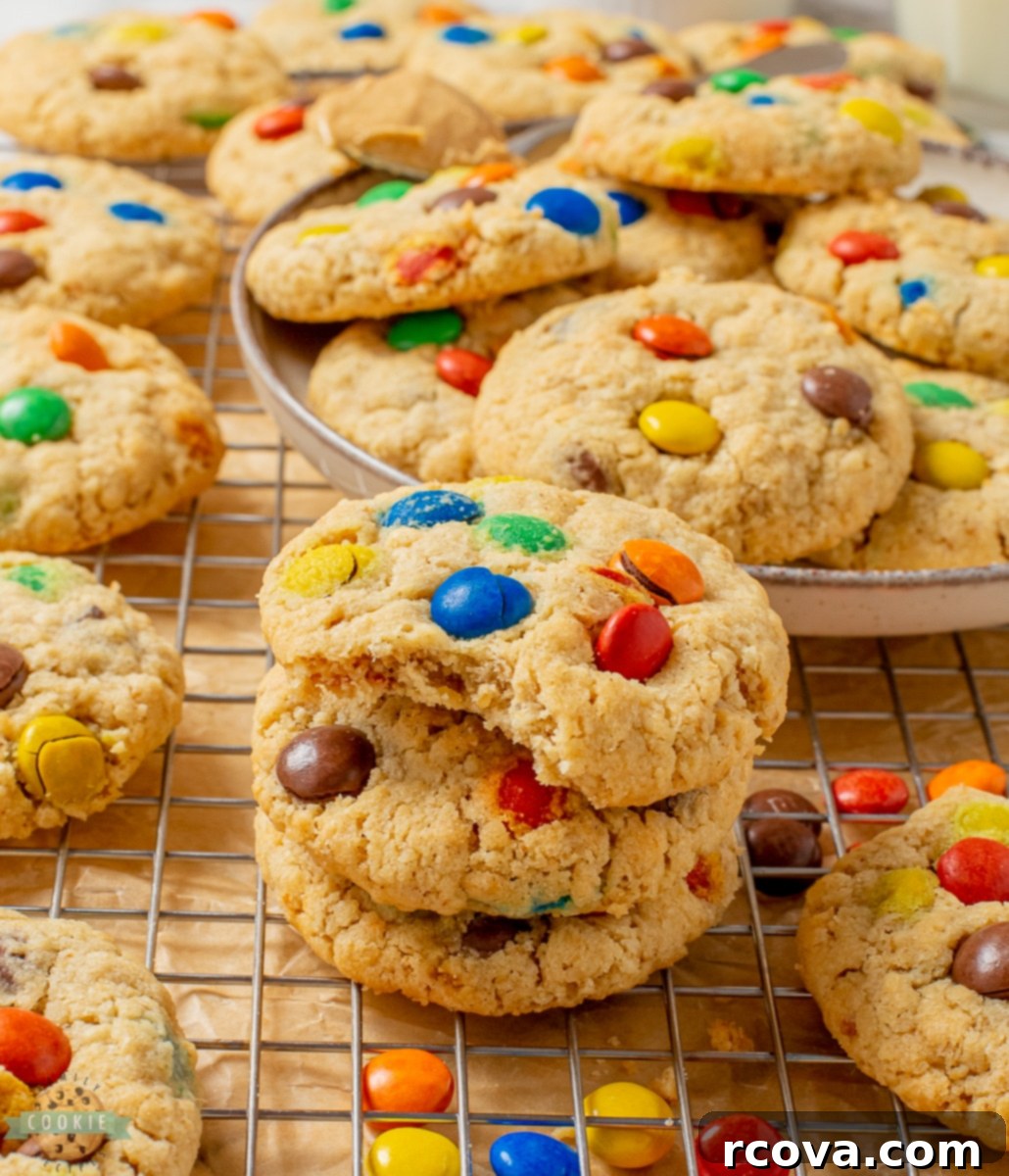 Chewy Peanut Butter Oatmeal M&M Bliss 5 peanut butter oatmeal M&M cookies with a bite taken out