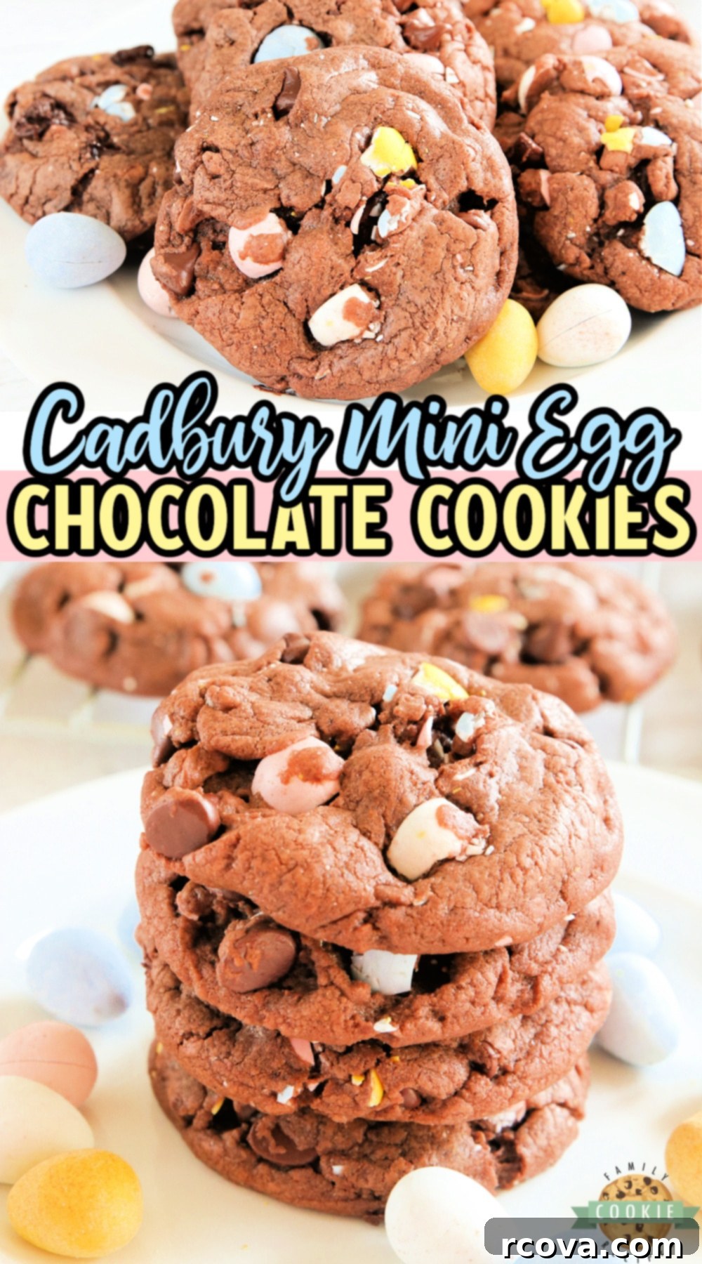 Decadent Cadbury Mini Egg Chocolate Cookies 12 Cadbury Mini Egg Chocolate Cookies are soft, chewy and full of your favorite Easter candy! Delicious chocolate cookie recipe made with chocolate pudding mix, chocolate chips and crushed Cadbury Mini Eggs.