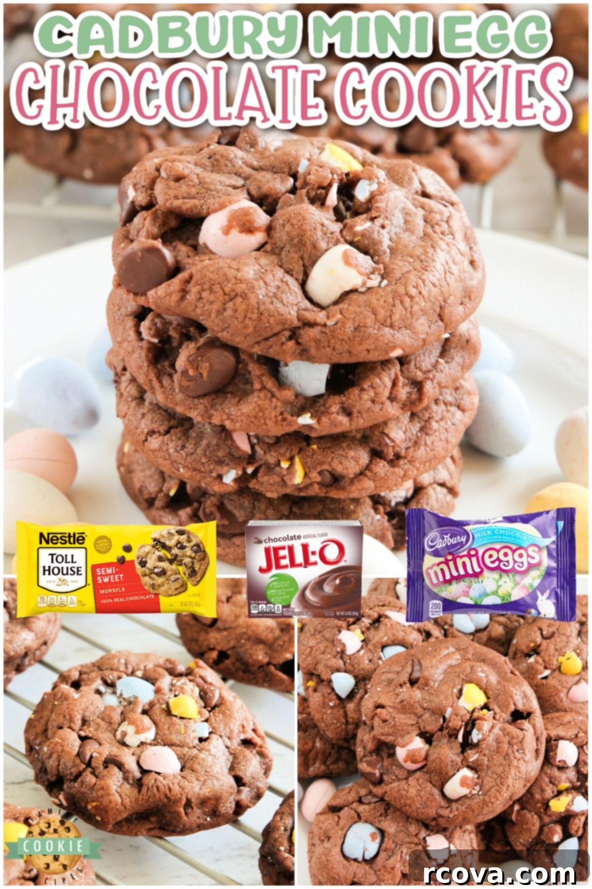 Decadent Cadbury Mini Egg Chocolate Cookies 6 Cadbury Mini Egg Chocolate Cookies are soft, chewy and full of your favorite Easter candy! Delicious chocolate cookie recipe made with chocolate pudding mix, chocolate chips and crushed Cadbury Mini Eggs.