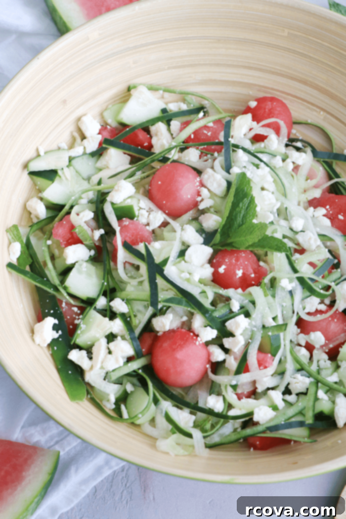 Watermelon Feta Mint Oasis 3 Close-up of Watermelon Feta Salad showing spiralized cucumber and melon-balled watermelon
