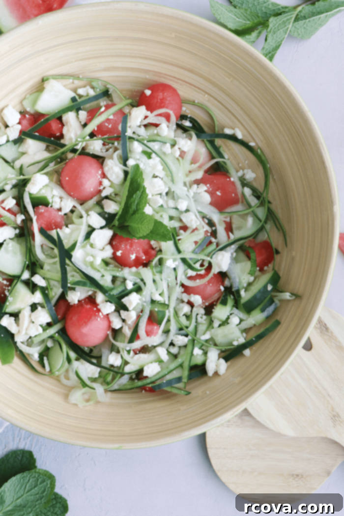 Watermelon Feta Mint Oasis 4 Overhead shot of Watermelon Feta Salad with mint leaves