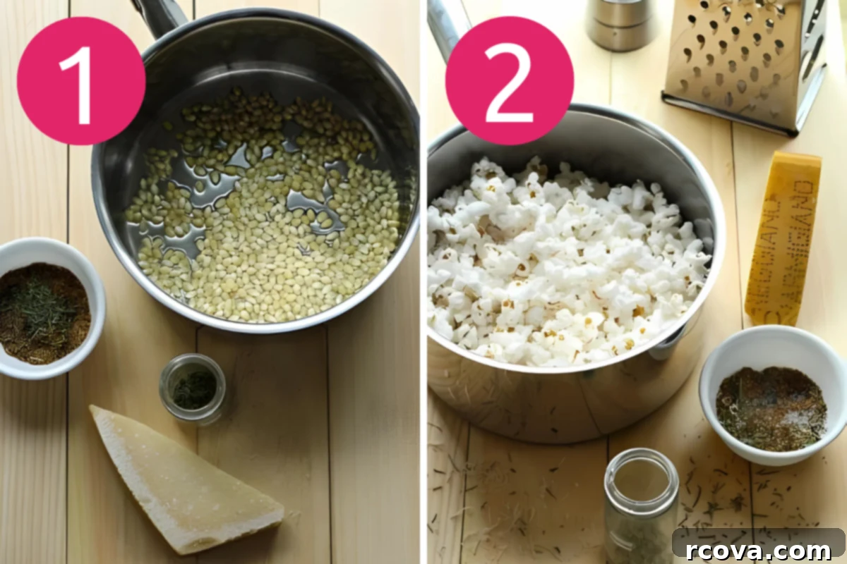 Simple Garlic Parmesan Popcorn 5 collage image of garlic parmesan popcorn step 1 & 2: A two-part image showing the beginning stages of popcorn preparation. On the left, olive oil is being swirled in a large pot on the stovetop. On the right, popcorn kernels are added to the warm oil, with a lid partially visible, ready for popping.