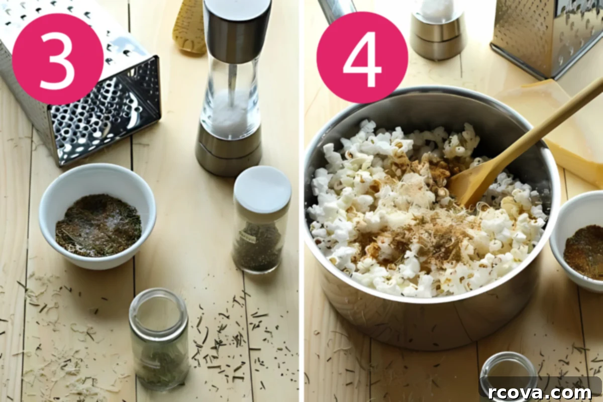 Simple Garlic Parmesan Popcorn 6 collage image of garlic parmesan popcorn step 3 & 4: A two-part image illustrating the seasoning process. On the left, a small bowl holds a mixed spice blend. On the right, melted butter is drizzled over a large bowl of freshly popped popcorn.