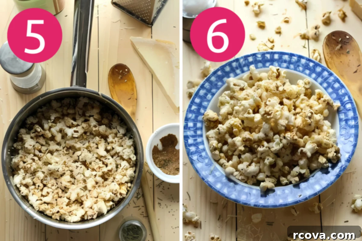Simple Garlic Parmesan Popcorn 7 collage image of garlic parmesan popcorn step 5 & 6: A two-part image showing the final steps of preparing garlic parmesan popcorn. On the left, freshly grated parmesan cheese is being sprinkled over the seasoned popcorn. On the right, a close-up of the finished spicy garlic parmesan popcorn in a serving bowl, perfectly coated and ready to eat.