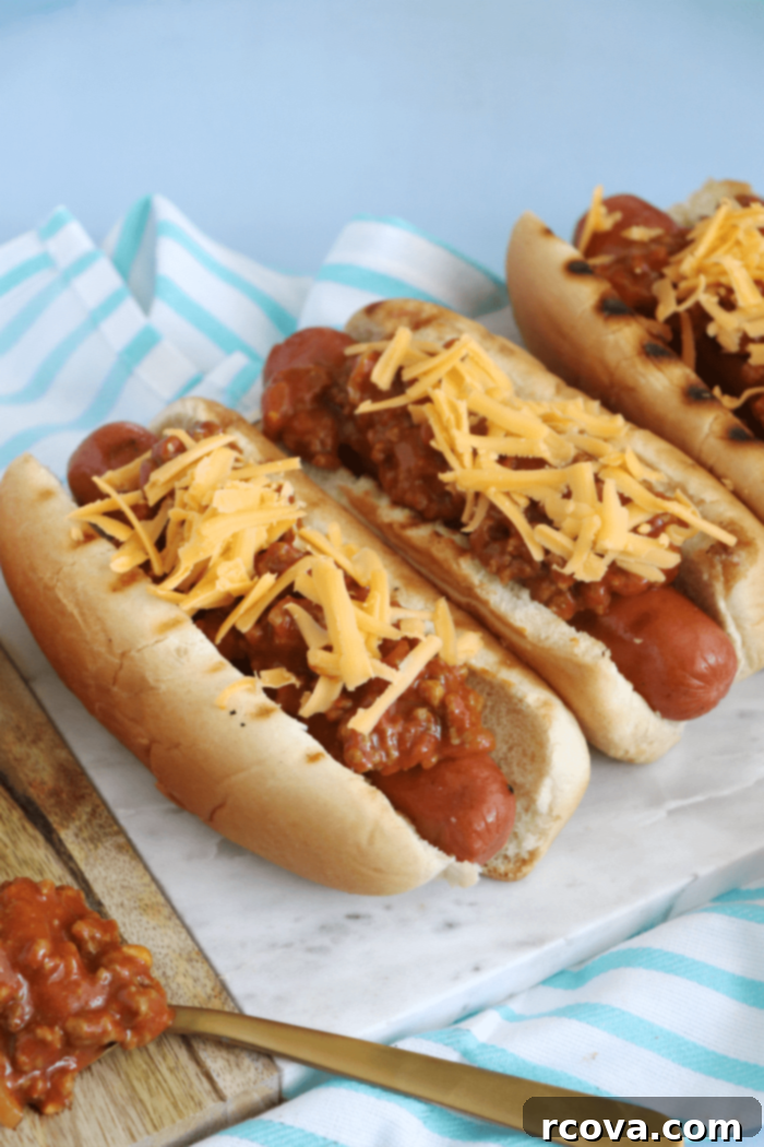 Classic Chili Cheese Dogs 4 Overhead shot of chili cheese dogs ready to be served