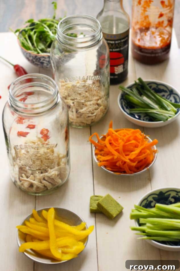 DIY Instant Noodle Jars 4 Individual Mason Jar Instant Noodles layered with fresh ingredients