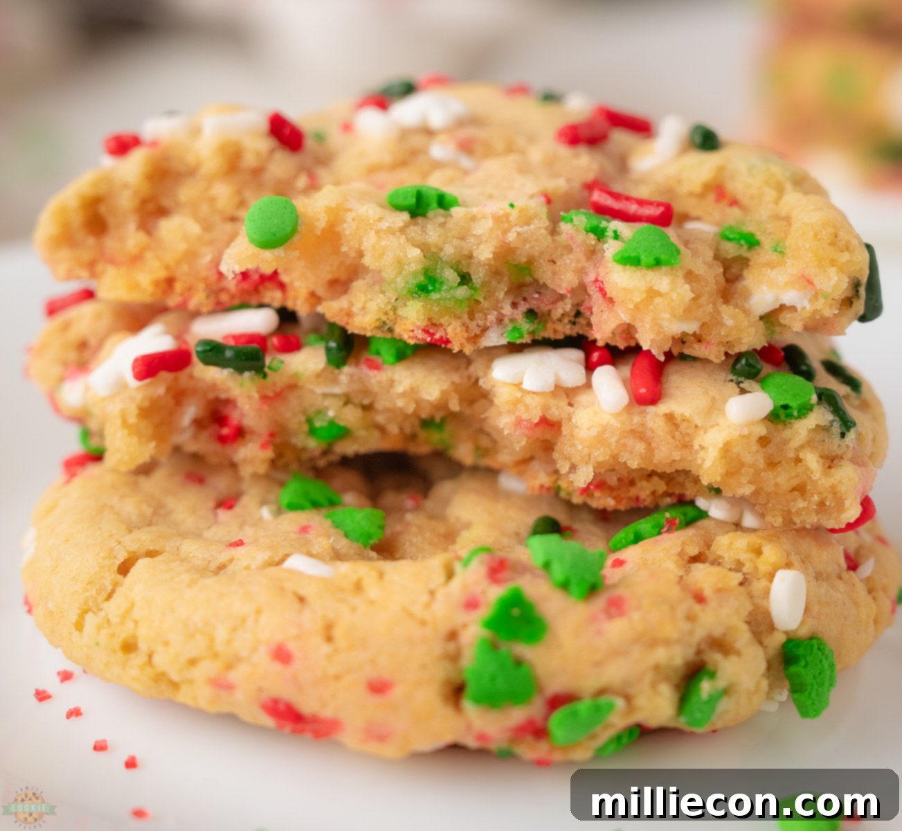 Christmas sprinkle cookies broken in half