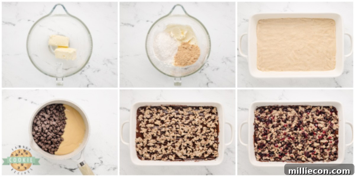 Chocolate Raspberry Crumble Bars 4 Step by step instructions on how to make Chocolate Raspberry Shortbread Cookie Bars.