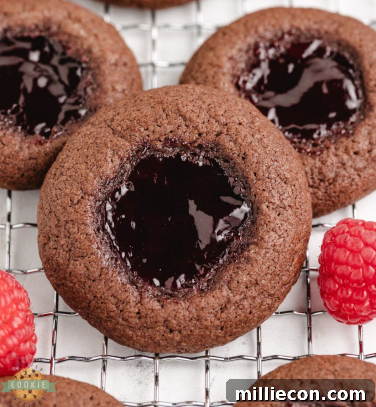 Raspberry Chocolate Kiss Cookies 2 Raspberry chocolate thumbprint cookies filled with raspberry jam, perfect for any occasion.