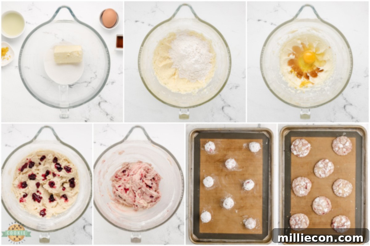 Step-by-step instructions showing how to make Lemon Raspberry Crinkle Cookies, highlighting the swirling of raspberry jam.