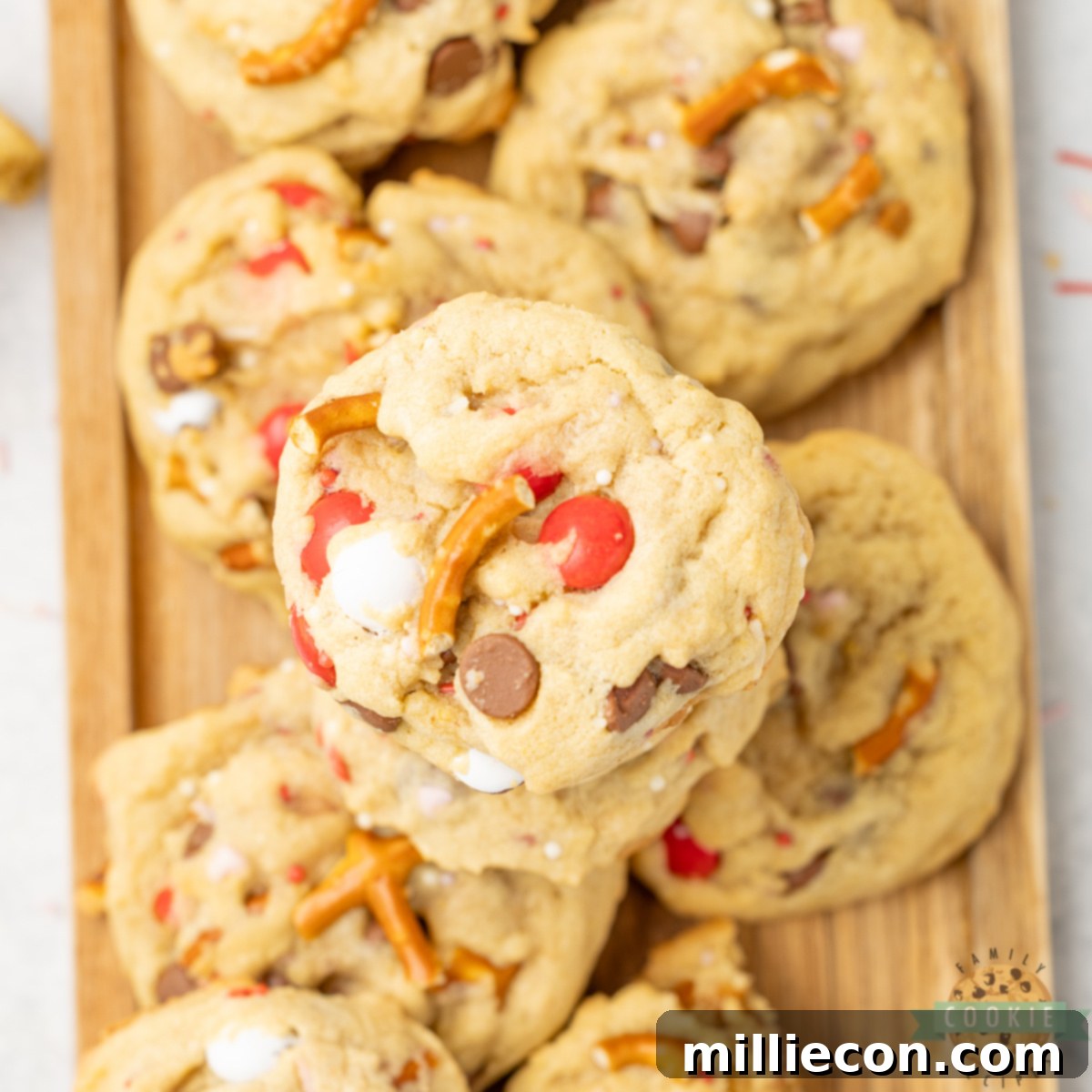 Valentine's Day Confetti Cookies 2 Valentine’s Kitchen Sink cookies loaded with chocolate, pretzels, and M&M’s.